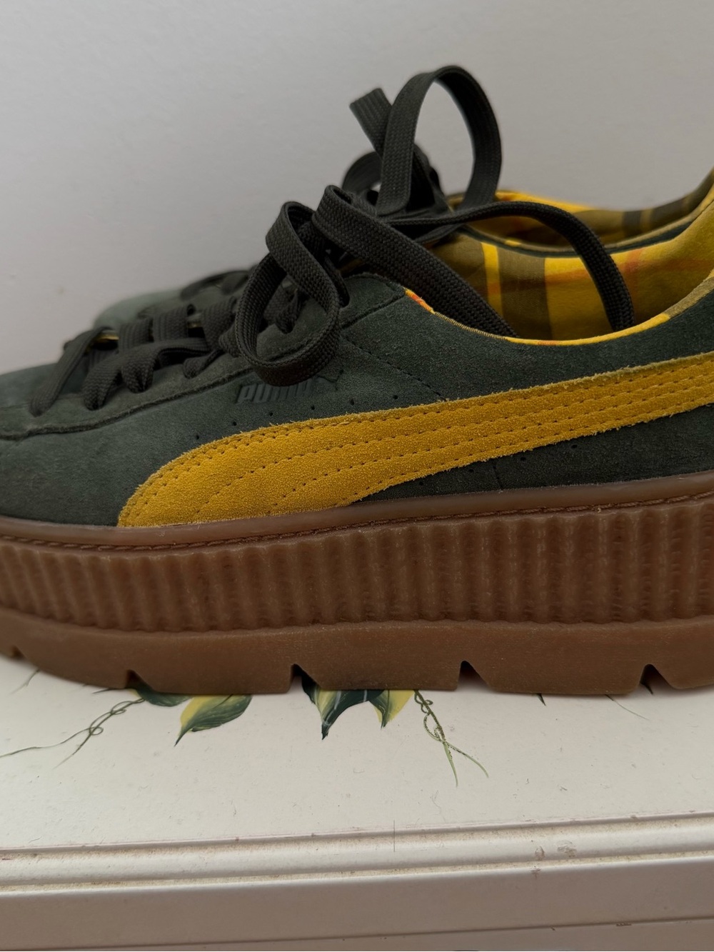 Puma Platform Suede Sneakers in Dark Green & Mustard